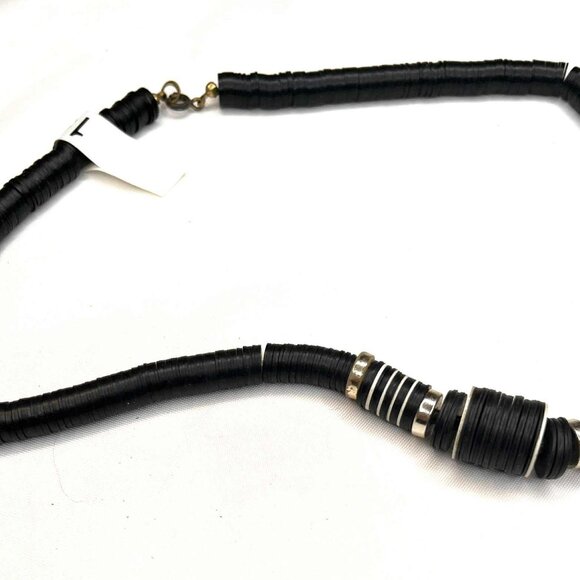 Vintage Handmade Black Disc Necklace 1980s, Layered Plastic Discs & Metal Accent - Picture 7 of 7